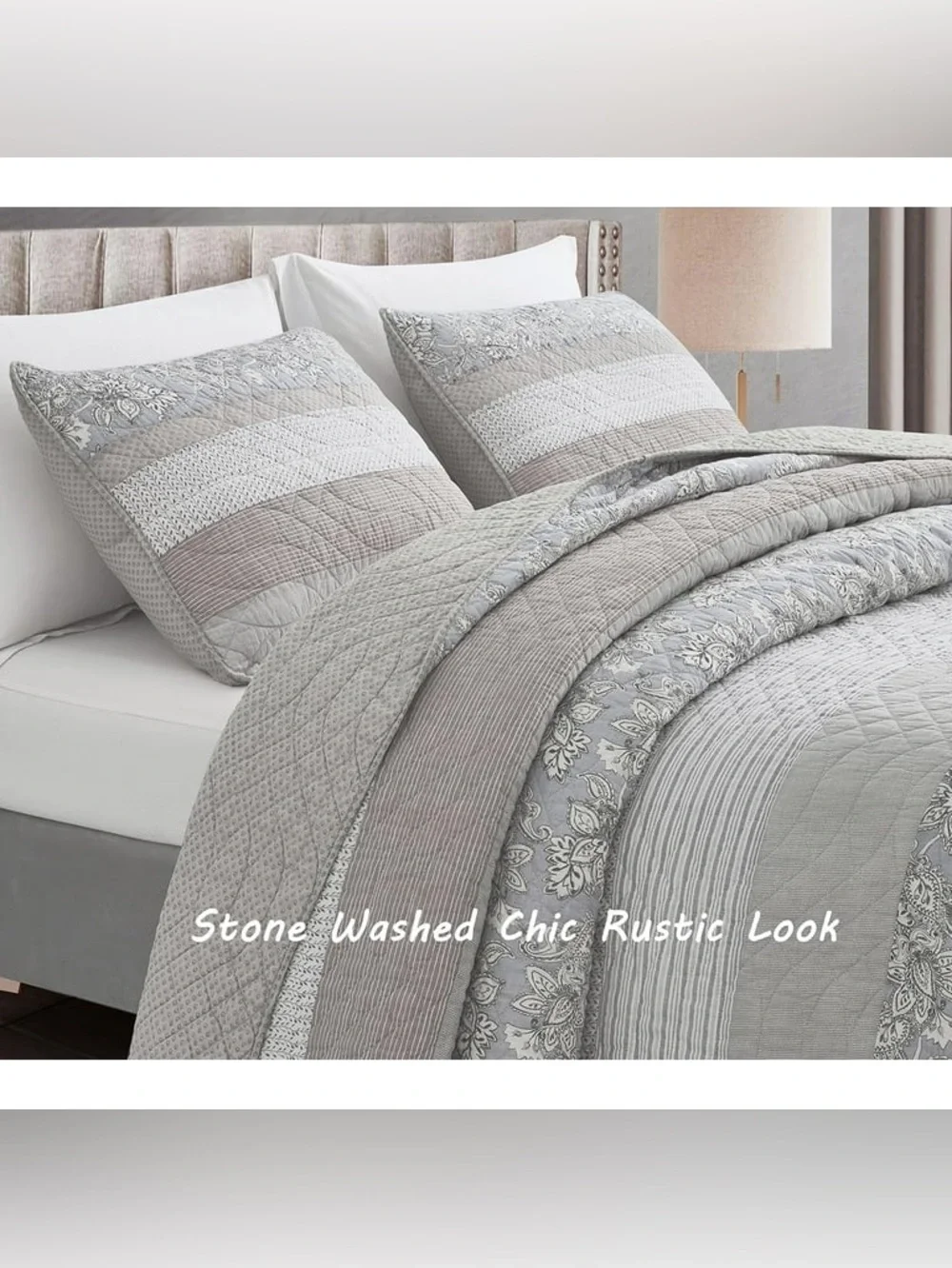 Gray Quilted Stripe oversized king Bedspread Set 100% cotton